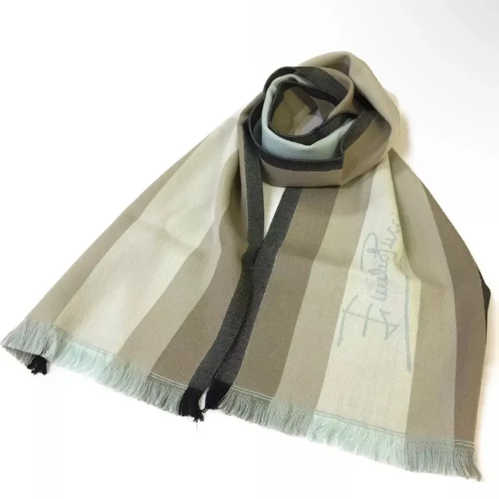 Auth NWT Emilio Pucci 100% Wool Neutrals Blues Striped Scarf Stole Muffler Wrap